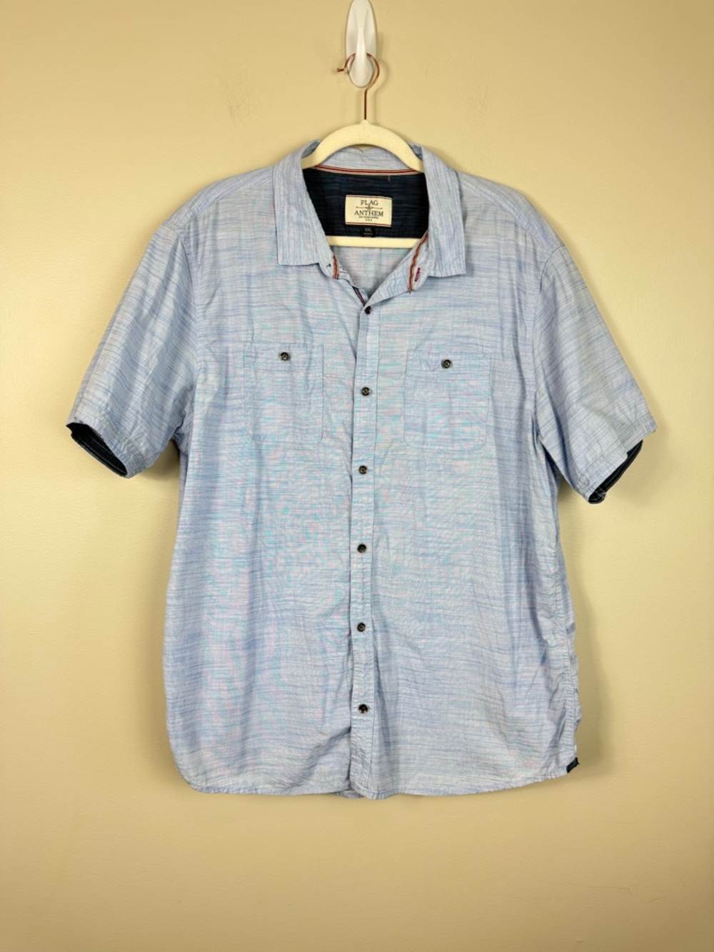Flag & Anthem Button Down Top Mens XXL Short Sleeve Blue Collared Shirt Casual